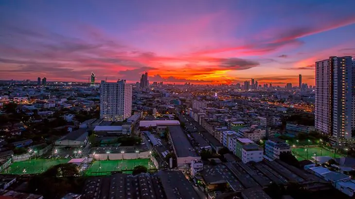City skyline at sunset