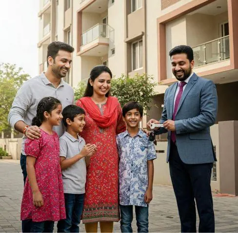 An advisor with a family outside their new apartment building