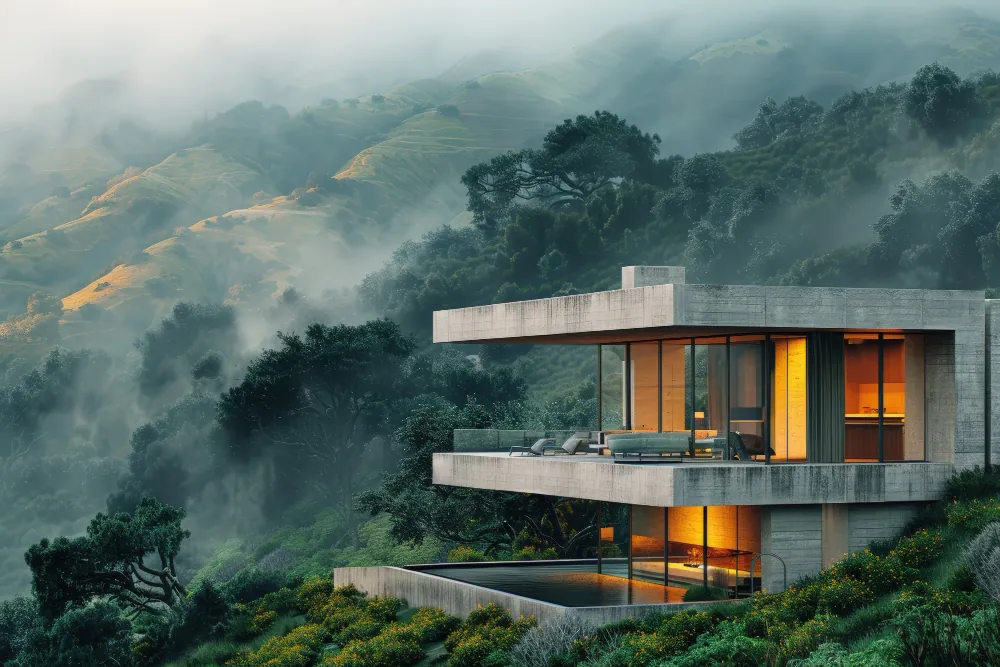 Concept of a contemporary villa on a misty hillside